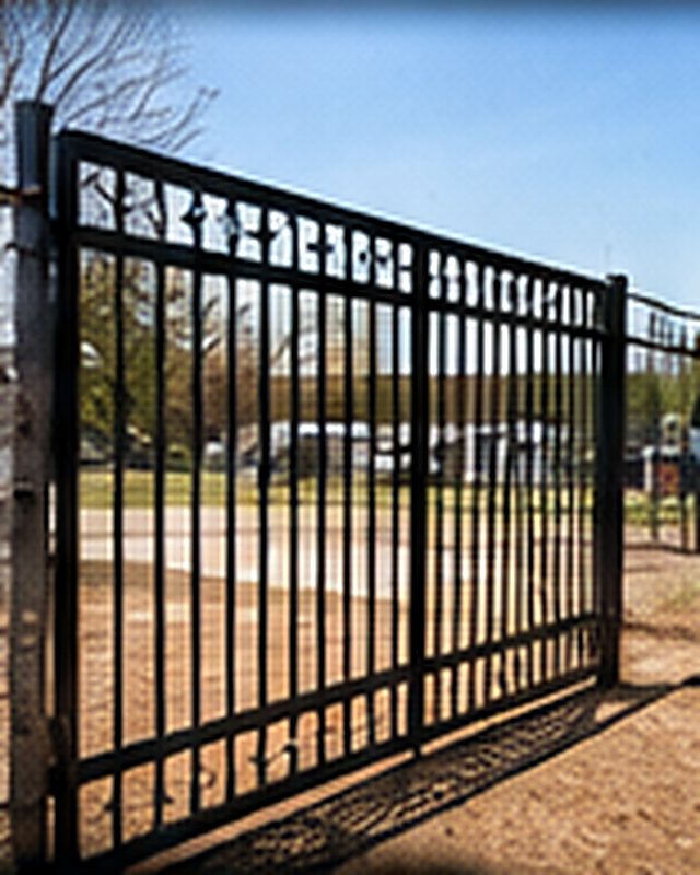 Black steel picket driveway gate, closed across a gravel entrance.