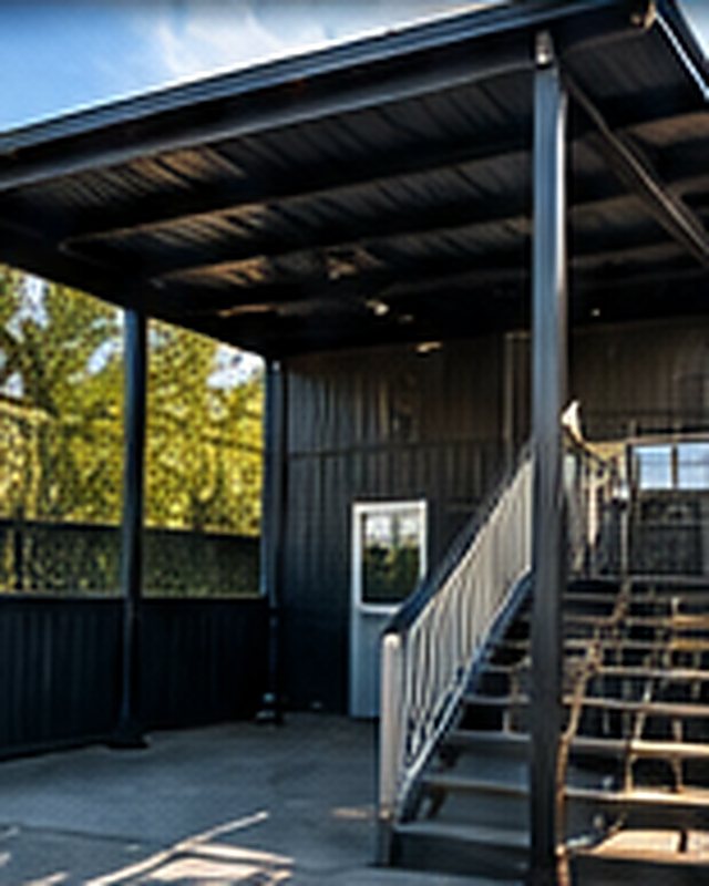 Steel carport structure attached to a dark metal building, with a welded staircase and handrail.
